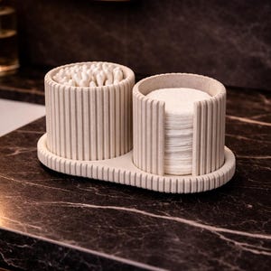 Japandi Qtip & Cotton Pad Organizer Set | Marble Ribbed Bathroom Vanity Storage | Minimalist Countertop Organizer image 9