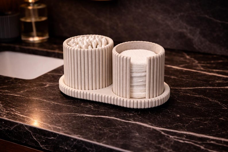 Japandi Qtip & Cotton Pad Organizer Set | Marble Ribbed Bathroom Vanity Storage | Minimalist Countertop Organizer image 9