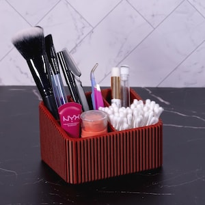Japandi Makeup Brush Organizer | Marble Ribbed Bathroom Vanity Storage | Minimalist Countertop Accessory Holder