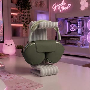 Japandi Kopfhörerständer | Marmor gerippte Schreibtischzubehör | Geriffelter Gaming-Headset Halter | Moderne Schreibtisch Einrichtung Organizer