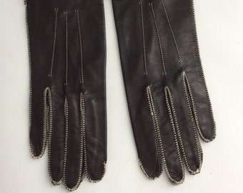 Vintage Black Leather Gloves White Top Stitch Details Size 6.5