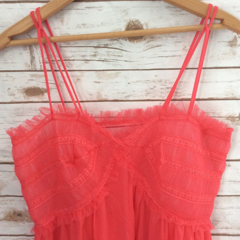 Vintage Bright Pink Red Babydoll Nightie Top by Rogers Tricot Nylon Size Medium Ruching Detail