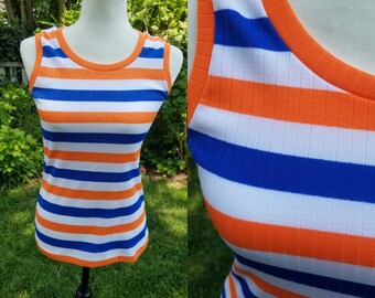 70s bold striped tank top ribbed orange and blue stripes Lucky Tops SMALL