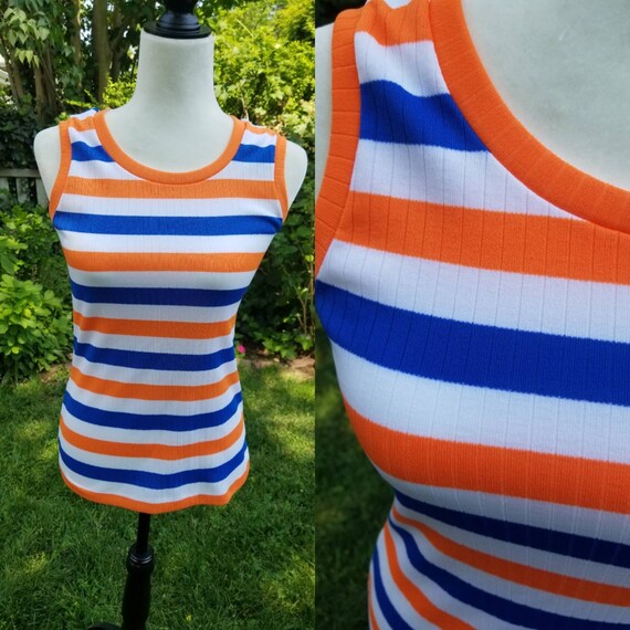 70s bold striped tank top ribbed orange and blue … - image 1