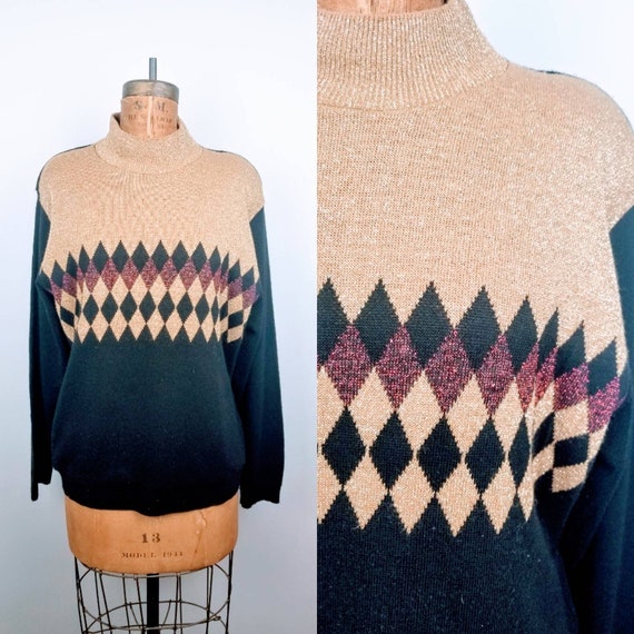 80s metallic sweater mock turtleneck with diamond… - image 1