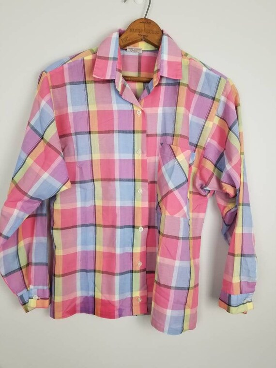 80s Rainbow Plaid Button Down Shirt 