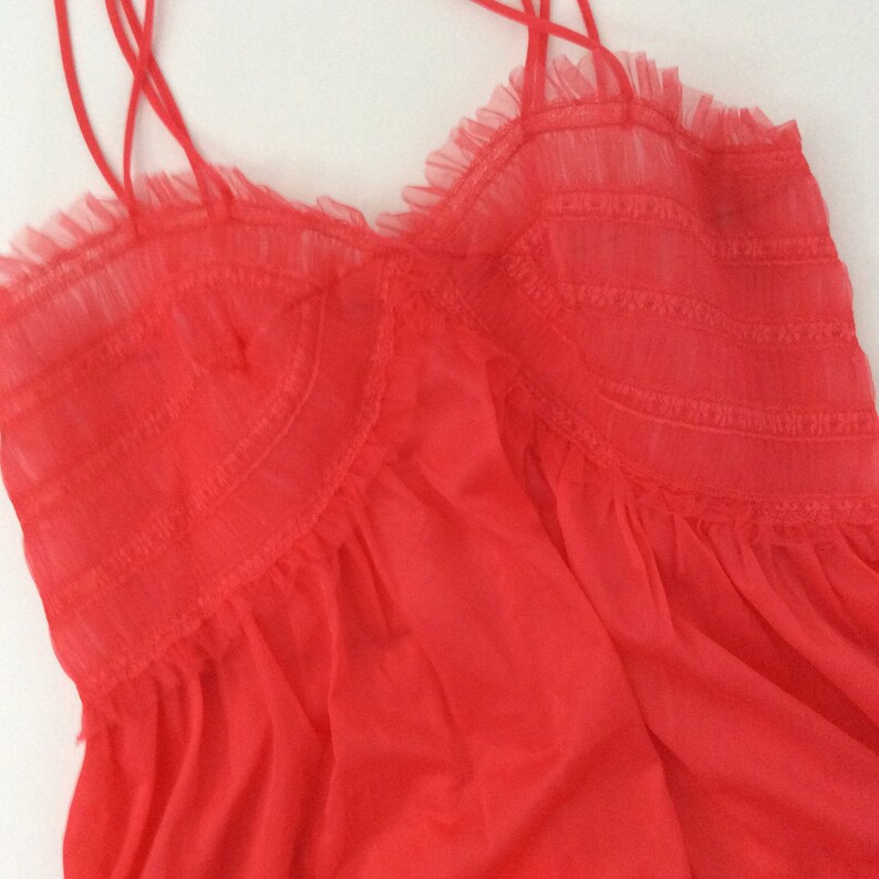 Vintage Bright Pink Red Babydoll Nightie Top by Rogers Tricot Nylon Size Medium Ruching Detail