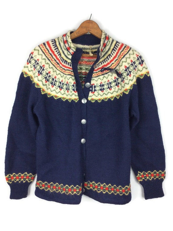 Vintage Navy Blue Fair Isle Cardigan Sweater Handk