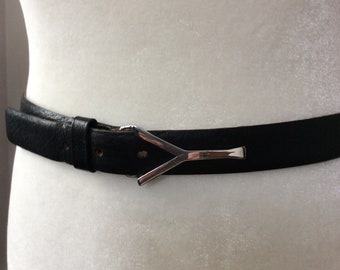 Vintage YSL Men's Trouser Belt Black Leather Signature Sideways Y Buckle Size 36
