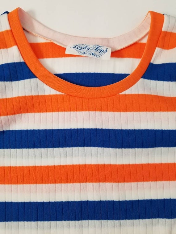 70s bold striped tank top ribbed orange and blue … - image 4