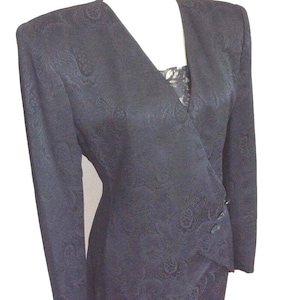 80s Suit PIERRE BALMAIN Silk Black Jacquard Suit Skirt Lace Buttons Size 10