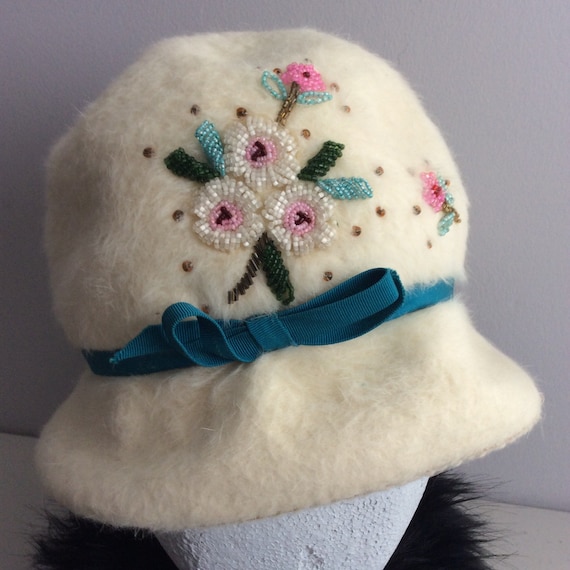 Vintage Cream Wool Cloche Hat, Floral Bead Design, Italian 
