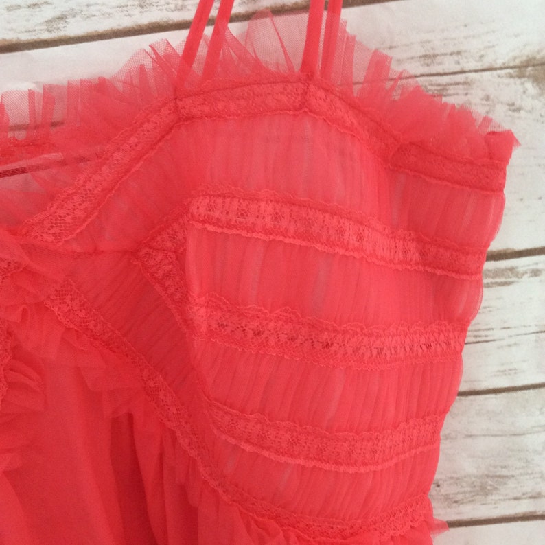 Vintage Bright Pink Red Babydoll Nightie Top by Rogers Tricot Nylon Size Medium Ruching Detail