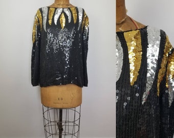 90s Sequin Top Black with Silver Gold Flame Pattern  MEDIUM