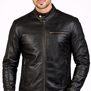 Giacca da motociclista in pelle nera da uomo | Giacca in vera pelle bovina pull-up | Giacca cafe racer | Giacca da motociclista