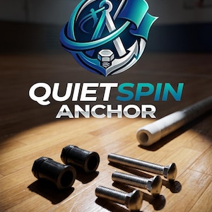 May include: A logo featuring the text QUIETSPIN ANCHOR above two black cylindrical bushings, three silver metal bolts, and a white pipe. The logo includes a stylized anchor and compass graphic in shades of blue and silver with the text SouthEnd Precision 3D.
