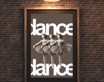 Impresión vintage de bailarina, arte mural tipográfico (descarga digital)