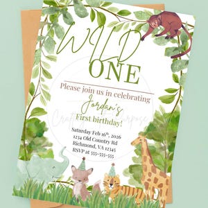 May include: A Wild One birthday invitation with watercolor illustrations of jungle animals, including a monkey, elephant, fox, tiger, and giraffe. The invitation features the text "Wild One" and details for the first birthday celebration.