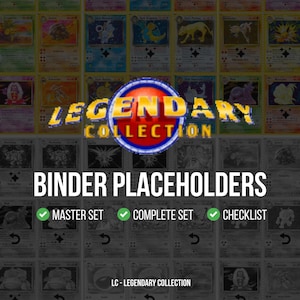 May include: A grid of collectible cards with the text "LEGENDARY COLLECTION" and "BINDER PLACEHOLDERS." The image includes the text "MASTER SET," "COMPLETE SET," and "CHECKLIST." The cards are in various colors, with a mix of images and text.
