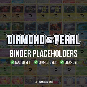 Op de afbeelding: Een raster van kleurrijke ruilkaarten met de tekst "DIAMOND & PEARL BINDER PLACEHOLDERS." De afbeelding bevat de tekst "MASTER SET", "COMPLETE SET" en "CHECKLIST".