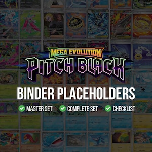 May include: A collection of trading card binder placeholders featuring a grid of various colourful character cards. The central text reads Mega Evolution Pitch Black Binder Placeholders, with green checkmarks next to Master Set, Complete Set, and Checklist.