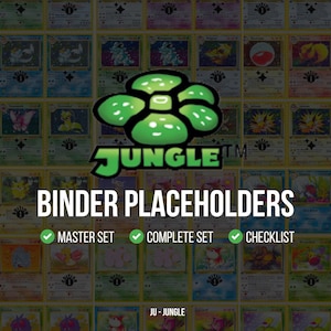 Pode incluir: Uma grade de cartas colecionáveis vintage com um logotipo Jungle verde e o texto "BINDER PLACEHOLDERS". A imagem inclui o texto "MASTER SET", "COMPLETE SET" e "CHECKLIST" com marcas de seleção verdes. O fundo é preenchido com vários cartões coloridos.