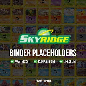 Könnte beinhalten: Eine Anordnung von Sammelkarten mit einem grünen und gelben "Skyridge"-Logo und dem Text "Binder Placeholders". Die Karten sind in einem Raster angeordnet, mit "Master Set", "Complete Set" und "Checklist" unter dem Logo.