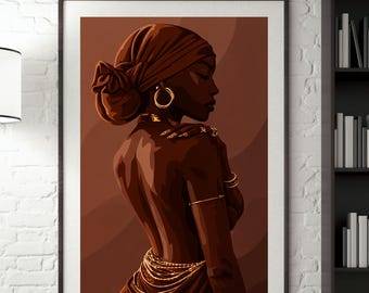 Afrocentryczna sztuka ścienna w stylu SMARD – portret czarnoskórej kobiety w chuście, minimalistyczna ilustracja w odcieniach brązu, nowoczesna grafika do druku z motywem królowej melaniny