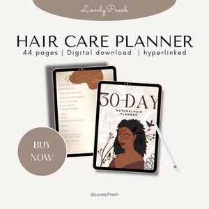 以下が含まれることがあります： 「HAIR CARE PLANNER」と「30-DAY NATURAL HAIR PLANNER」のテキストが入ったデジタルヘアケアプランナー。画像には2つのタブレット、スタイラス、および「BUY NOW」ボタンが含まれています。プランナーは44ページで、デジタルダウンロードです。