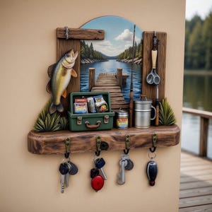 Wooden Fishing Scene Key Holder – Rustic Wall Rack with Antique Copper Hooks