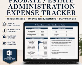 Executor Expense Tracker After a Death | Estate Administration Spreadsheet, Probate Expenses