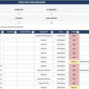 Hoja de cálculo para la gestión de tareas del albacea / Lista de verificación para la sucesión / Rastreador de administración de patrimonios / Organizador de deberes del albacea / Plantilla de Excel imagen 2
