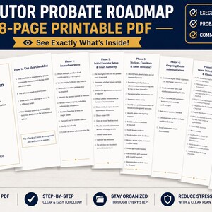 May include: An 8-page printable PDF titled Executor Probate Roadmap, featuring a Probate and Estate Administration Checklist with a gold scale icon. The document outlines phases from immediate steps to closing, including a common mistakes guide.