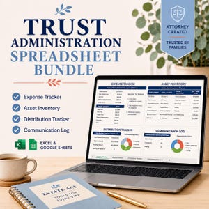 Pode incluir: Um pacote de planilhas para administração de fideicomissos exibido na tela de um laptop, incluindo rastreador de despesas, inventário de ativos, rastreador de distribuição e registro de comunicação, compatível com Excel e Google Sheets.
