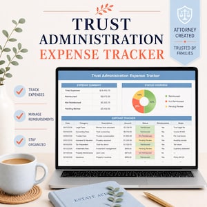 Peut inclure: Un outil numérique de suivi des dépenses d'administration de fiducie affiché sur un écran d'ordinateur portable, comprenant un tableau récapitulatif, un graphique en secteurs et un journal détaillé des dépenses avec date, catégorie, montant et statut.