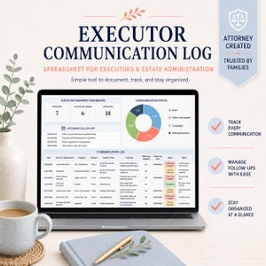 May include: An Executor Communication Log spreadsheet displayed on a laptop screen, featuring an executor summary dashboard, a communication status pie chart, and a detailed communication log table for tracking estate administration tasks.