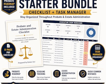 Executor Starter Bundle | Probate Checklist PDF & Executor Task Manager Spreadsheet | Estate Administration Organizer