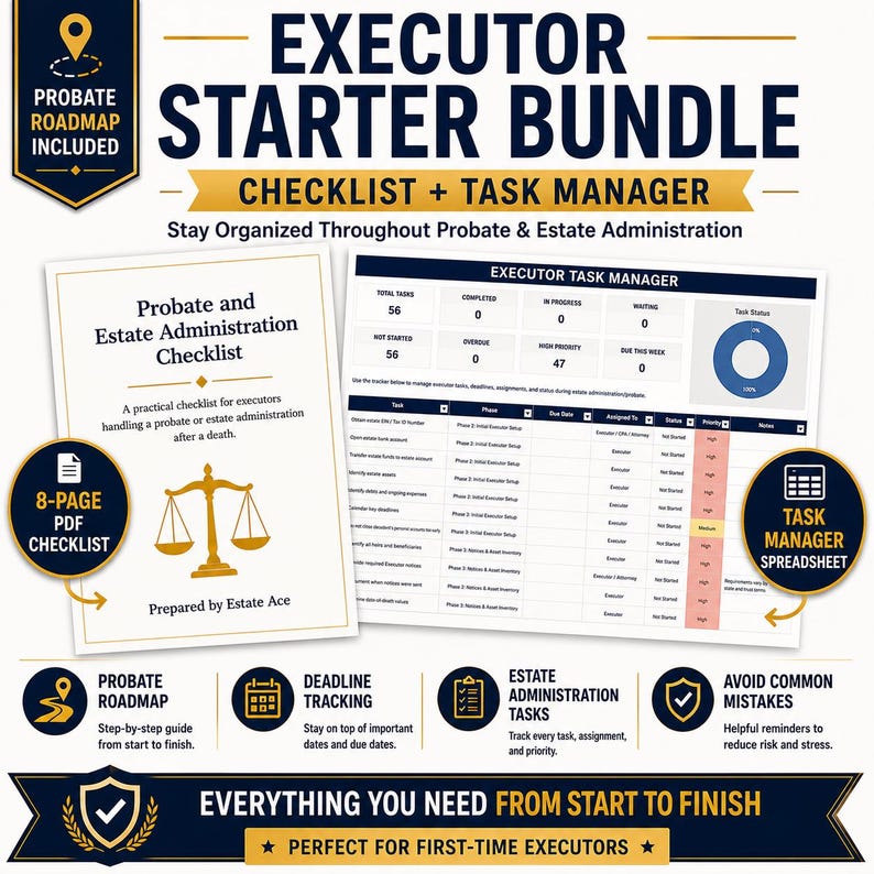 May include: An Executor Starter Bundle featuring a Probate and Estate Administration Checklist and an Executor Task Manager spreadsheet. The document includes a probate roadmap, task status charts, and a list of administrative duties for executors.