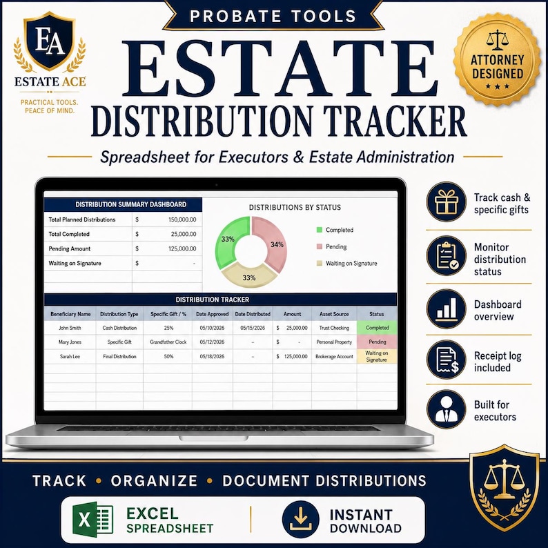 May include: A laptop screen displaying an Estate Distribution Tracker spreadsheet for probate tools. The interface includes a distribution summary dashboard, a pie chart, and a tracker table with columns for beneficiary names, gift types, and status.