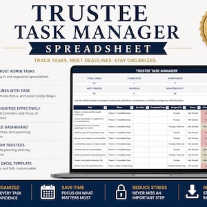 Może przedstawiać: Cyfrowy arkusz kalkulacyjny Trustee Task Manager wyświetlany na ekranie laptopa. Interfejs zawiera pulpit nawigacyjny ze śledzeniem zadań, terminami i kolumnami statusu. Tekst obejmuje Trustee Task Manager, Estateace oraz Trustee's #1 Tool.