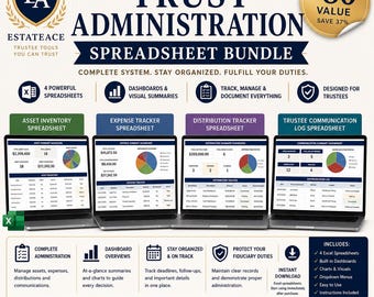 Paquete de hojas de cálculo para administración fiduciaria / Plantillas de Excel para fideicomisarios / Sistema de administración de patrimonios / Inventario de activos / Seguimiento de gastos