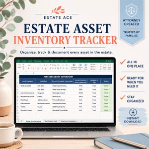 Peut inclure: Un outil de suivi des actifs successoraux affiché sur un écran d'ordinateur portable, présentant une feuille de calcul intitulée Master Asset Inventory avec des colonnes pour la catégorie, l'institution, la description et le statut.