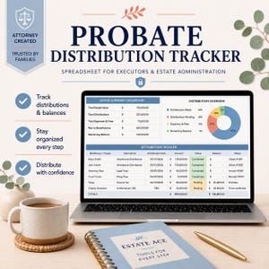 May include: A digital probate distribution tracker spreadsheet displayed on a laptop screen, featuring an estate summary dashboard, a pie chart, and a distribution tracker table. The text reads Probate Distribution Tracker, Estate Ace, and Tools for Every Step.
