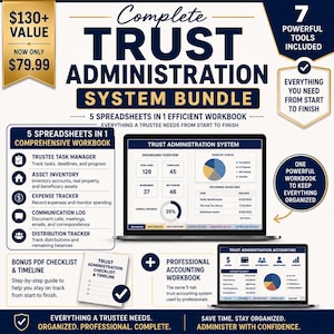 May include: A digital bundle for trust administration featuring a laptop displaying a dashboard with task status, pie charts, and deadlines. Includes a list of five spreadsheets, a bonus PDF checklist, and a professional accounting workbook interface.