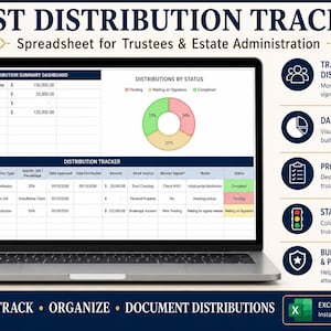 May include: A laptop displays a spreadsheet titled "Trust Distribution Tracker" for estate administration. The screen shows data tables, charts, and the text "Track, Organize, Document Distributions." Additional text includes "Excel Spreadsheet" and "Instant Digital Download."