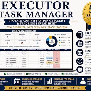 Executor Task Manager Spreadsheet | Probate Checklist | Estate Administration Tracker | Executor Duties Organizer | Excel Template