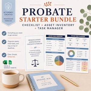 Puede incluir: Un conjunto de documentos digitales Probate Starter Bundle que incluye una lista de verificación, inventario de activos y administrador de tareas. La imagen muestra tres páginas impresas con gráficos, un cuaderno de espiral Estate Ace, una taza de café y un bolígrafo dorado.