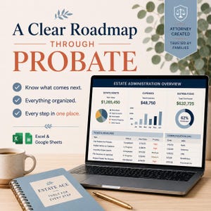 May include: A laptop displaying an Estate Administration Overview dashboard with charts and tables, next to a spiral-bound notebook labelled Estate Ace, a gold pen, and a mug. Text reads A Clear Roadmap Through Probate and Attorney Created.