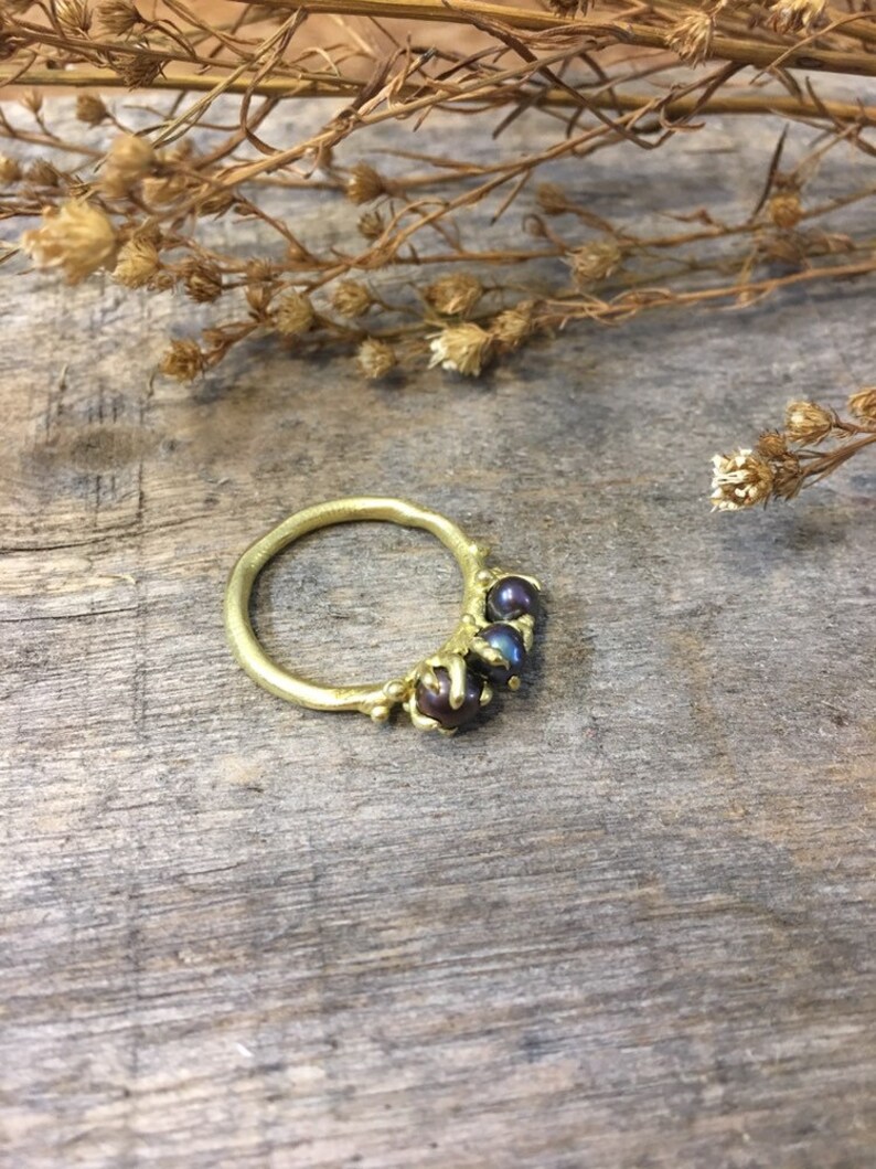 Three black pearl ring real black pearl ring sweet black pearl ring ring of love ring for her handmade crimped ring, maria solorzano