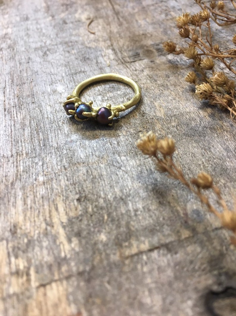 Three black pearl ring real black pearl ring sweet black pearl ring ring of love ring for her handmade crimped ring, maria solorzano
